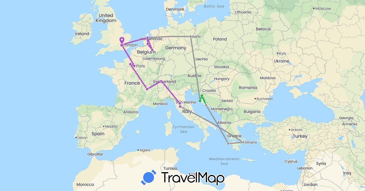 TravelMap itinerary: driving, bus, plane, train in Switzerland, Germany, France, United Kingdom, Greece, Croatia, Italy, Netherlands (Europe)